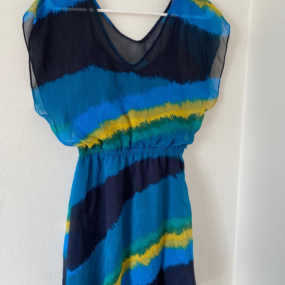 Express Blue/Yellow/Green Flowy Dress (S)